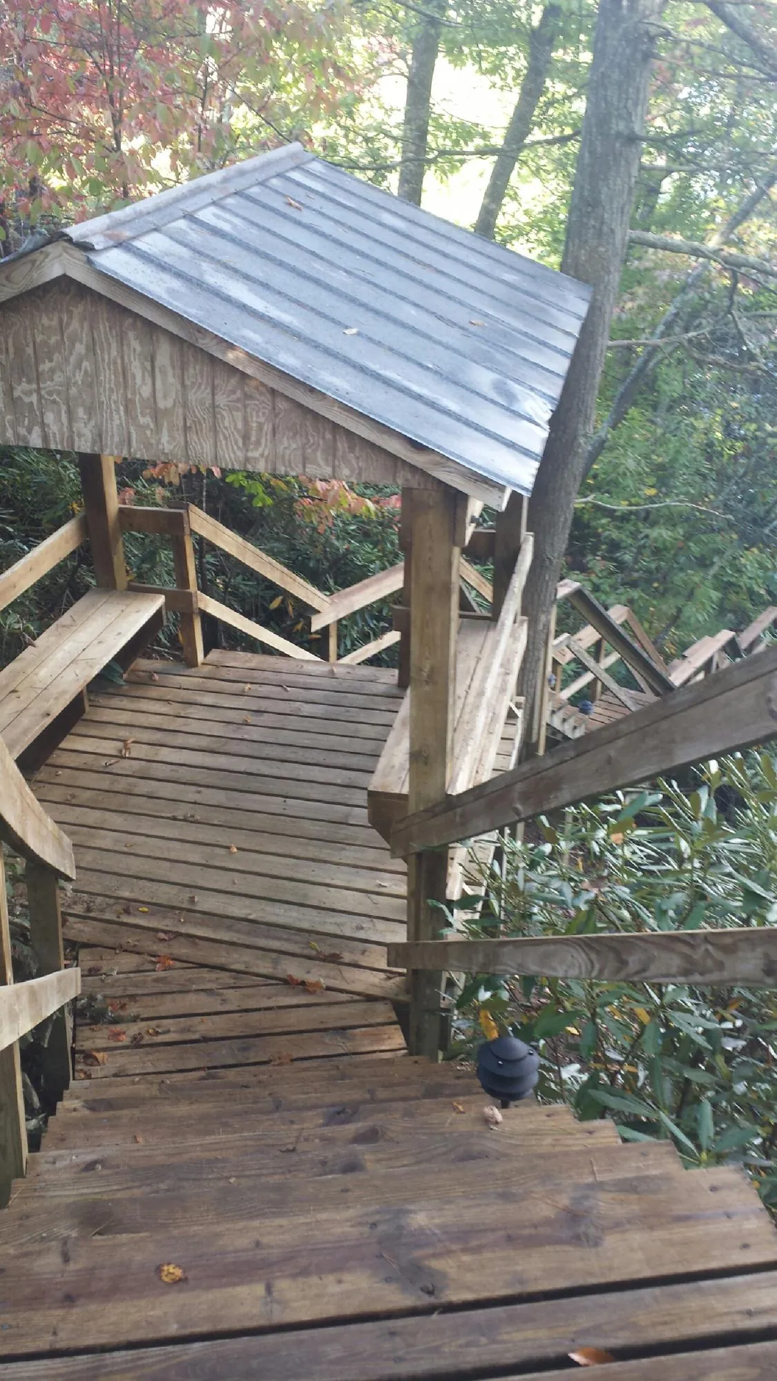 Metal roofed shelter over wooden steps on a wooded walkway — Skylight Repair & Installation work by our crew in Rotterdam Junction